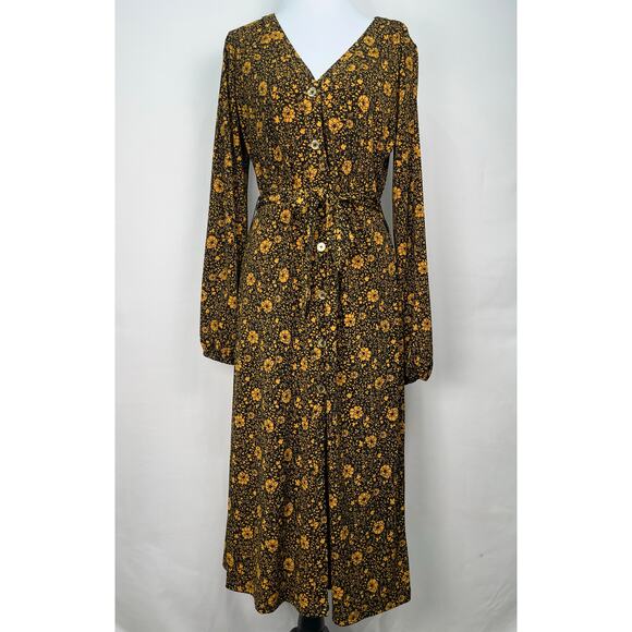 Michael Kors Dresses & Skirts - Michael Michael Kors Black & Orange Floral Long Sleeve Button Front Midi Dress M